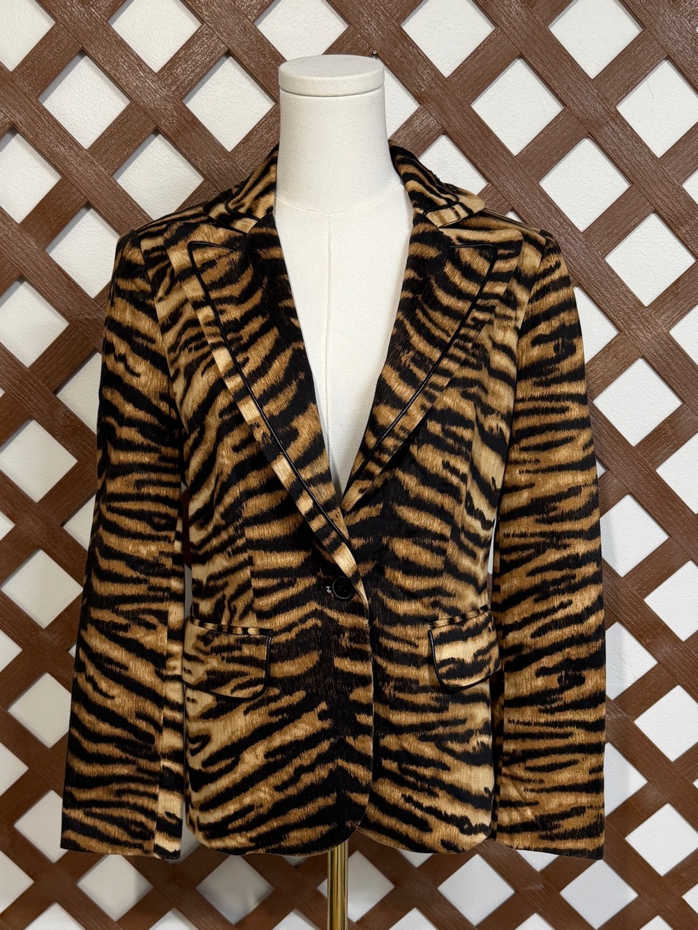 WBZ1 {Chicos} Brown Black Animal Tiger Print Cotton Blazer Suit Coat Jacket